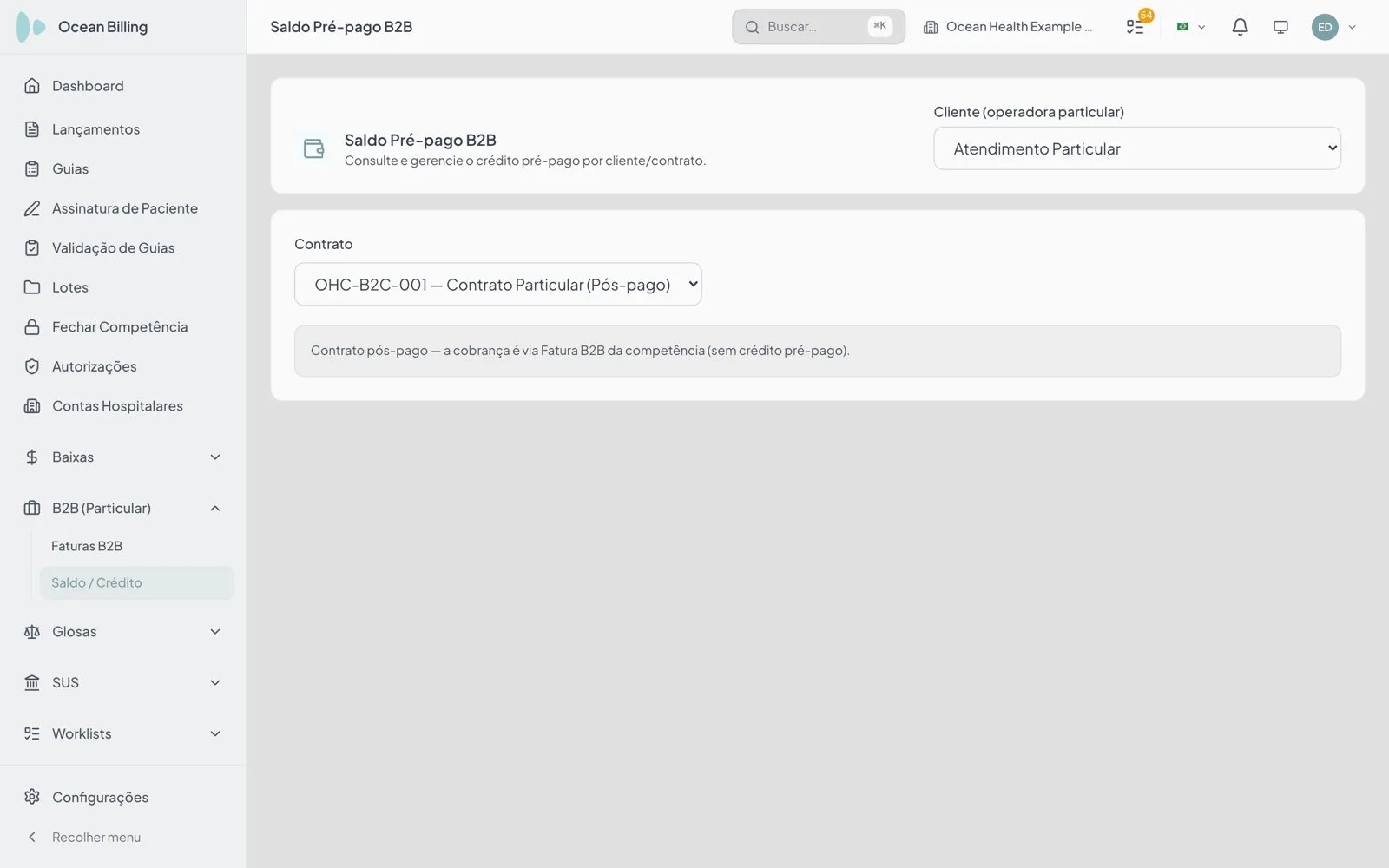 Tela Saldo Pré-pago B2B do Ocean Billing com o seletor de cliente e de contrato; o contrato selecionado é pós-pago e a tela informa que a cobrança é pela fatura B2B da competência