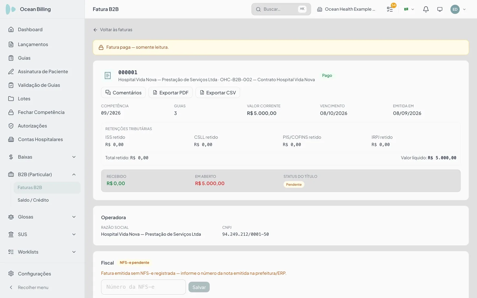 Fatura B2B paga no Ocean Billing, com guias, retenções, valor líquido, recebido e em aberto, em base de demonstração com dados fictícios