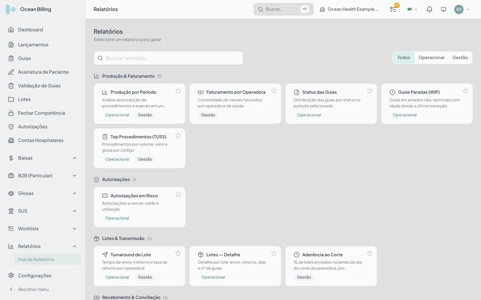 Hub de relatórios do Ocean Billing com busca, filtro por público e cards por categoria, como Produção e Faturamento e Lotes e Transmissão
