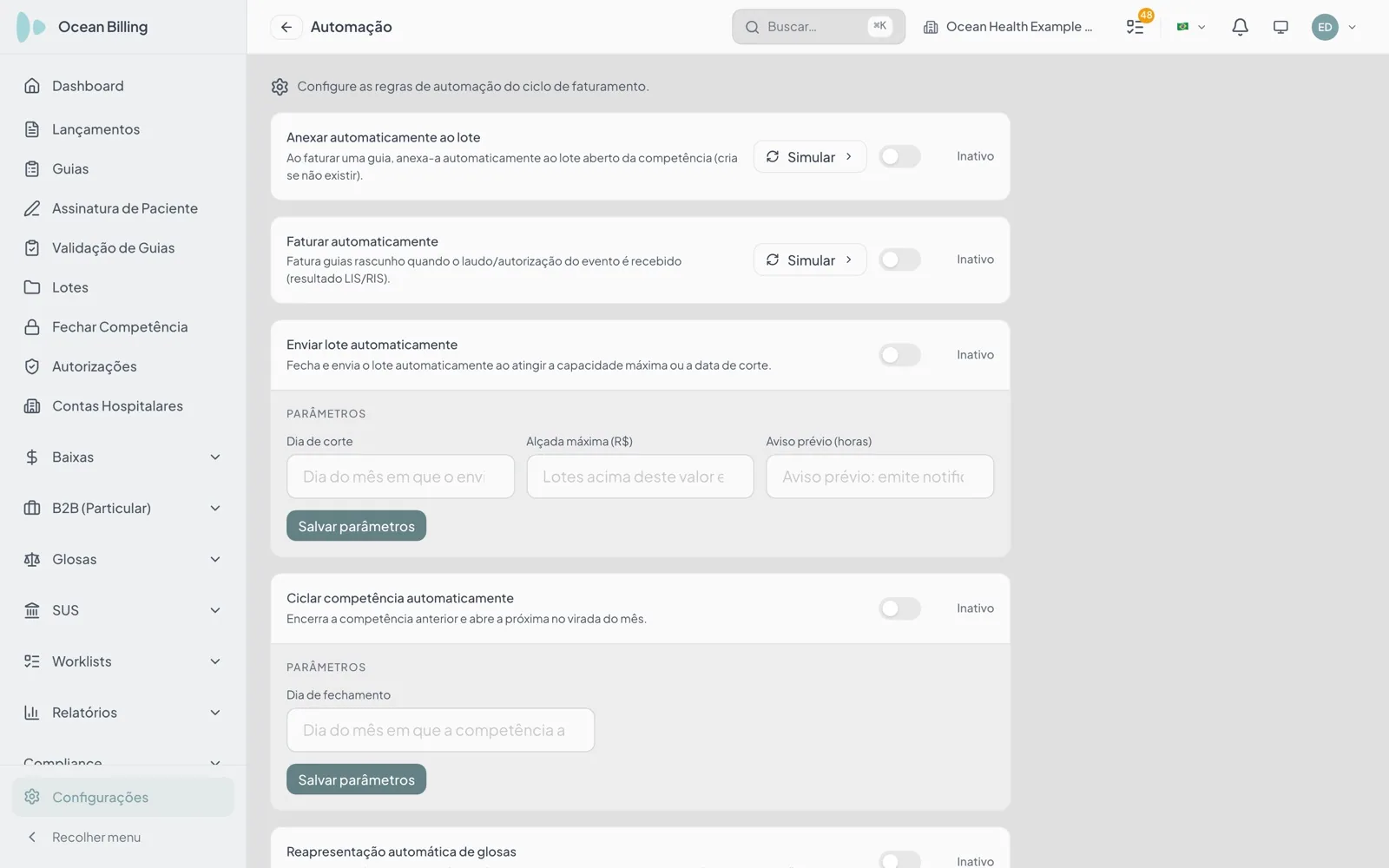 Tela de Automação do Ocean Billing com os seis interruptores do ciclo, todos desligados por padrão, e a simulação por período