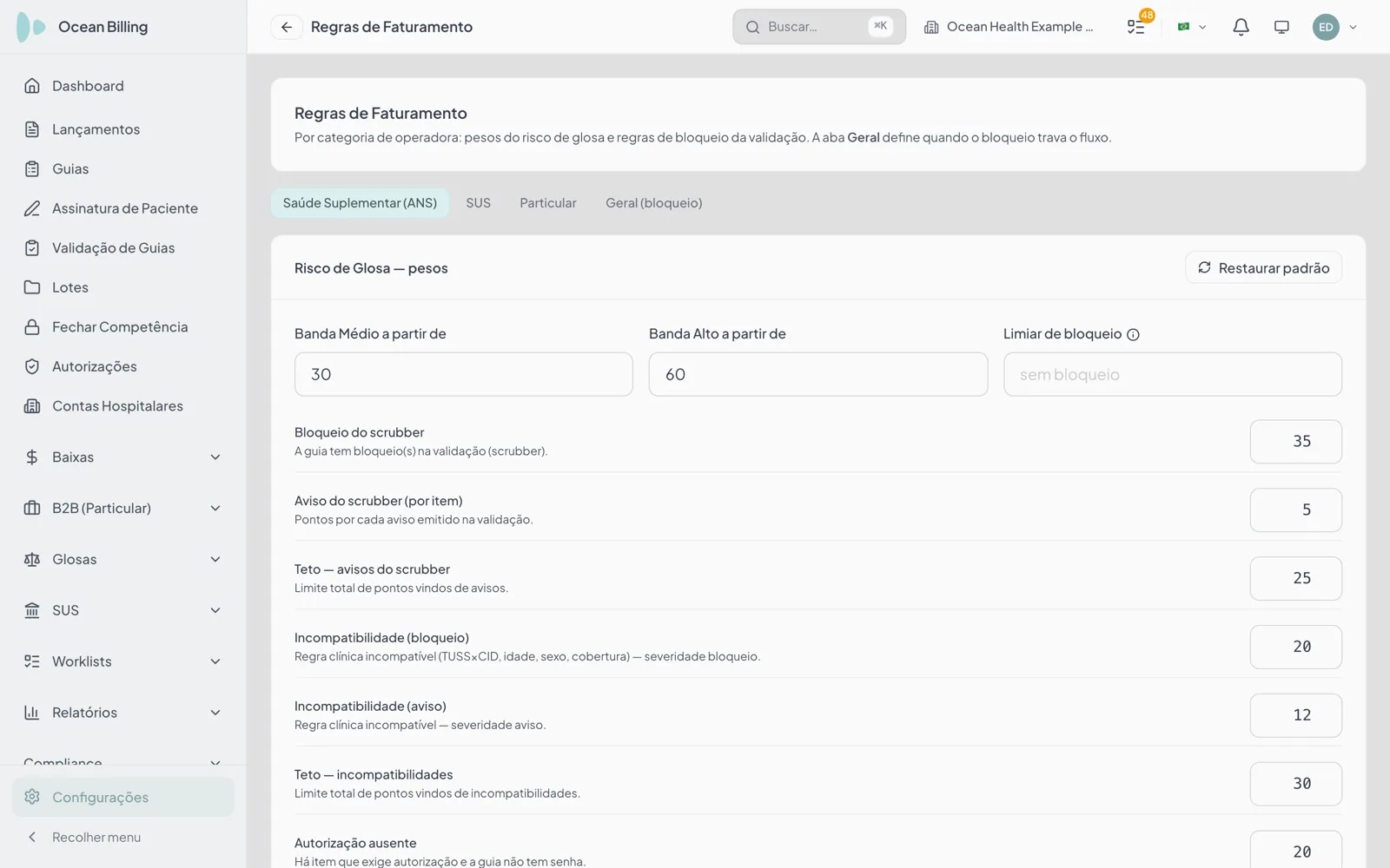 Tela de Regras de Faturamento do Ocean Billing com as regras por categoria de pagador, severidade e vigência