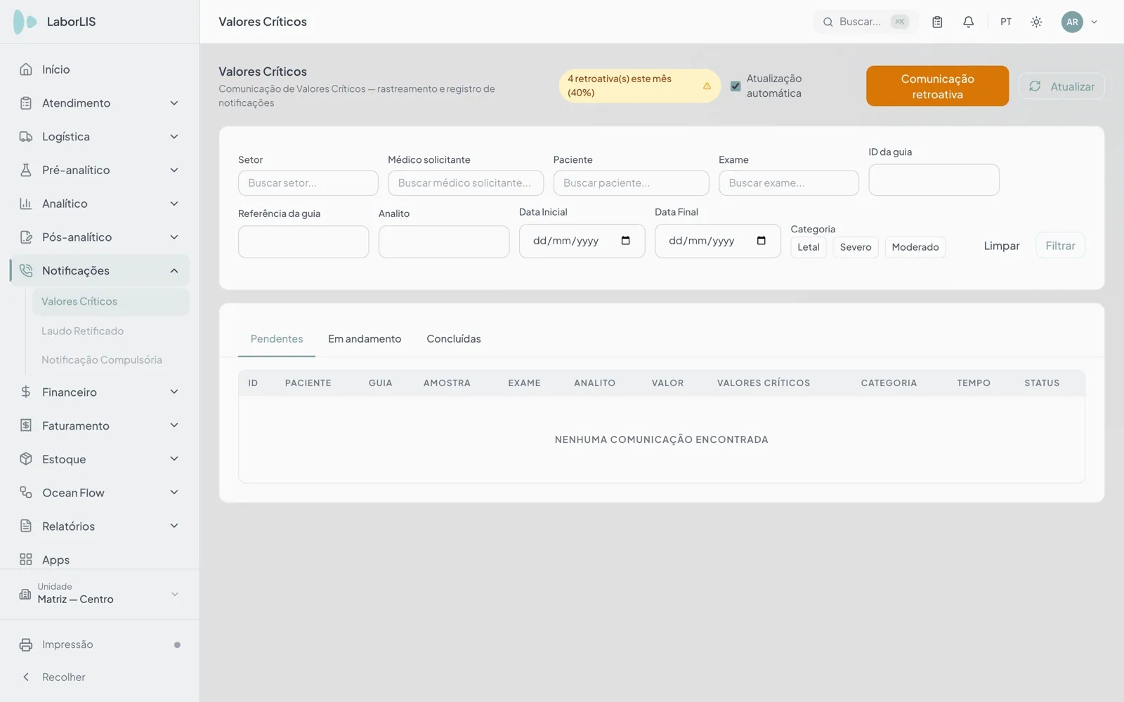 Tela de valores críticos do LABORLIS 27 com as comunicações pendentes, em andamento e concluídas, filtros por setor, médico, paciente e categoria