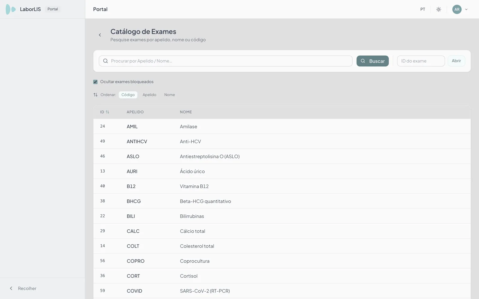 Portal do laboratório apoiado no LABORLIS 27 com o catálogo de exames do apoio, por código, apelido e nome