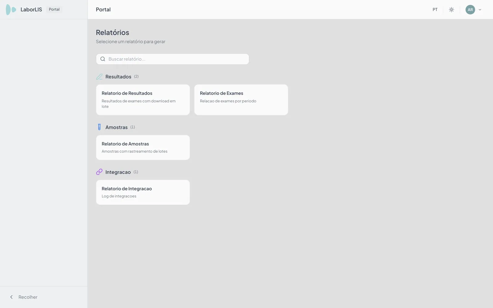 Portal do laboratório apoiado com os relatórios de resultados, exames, amostras e integração