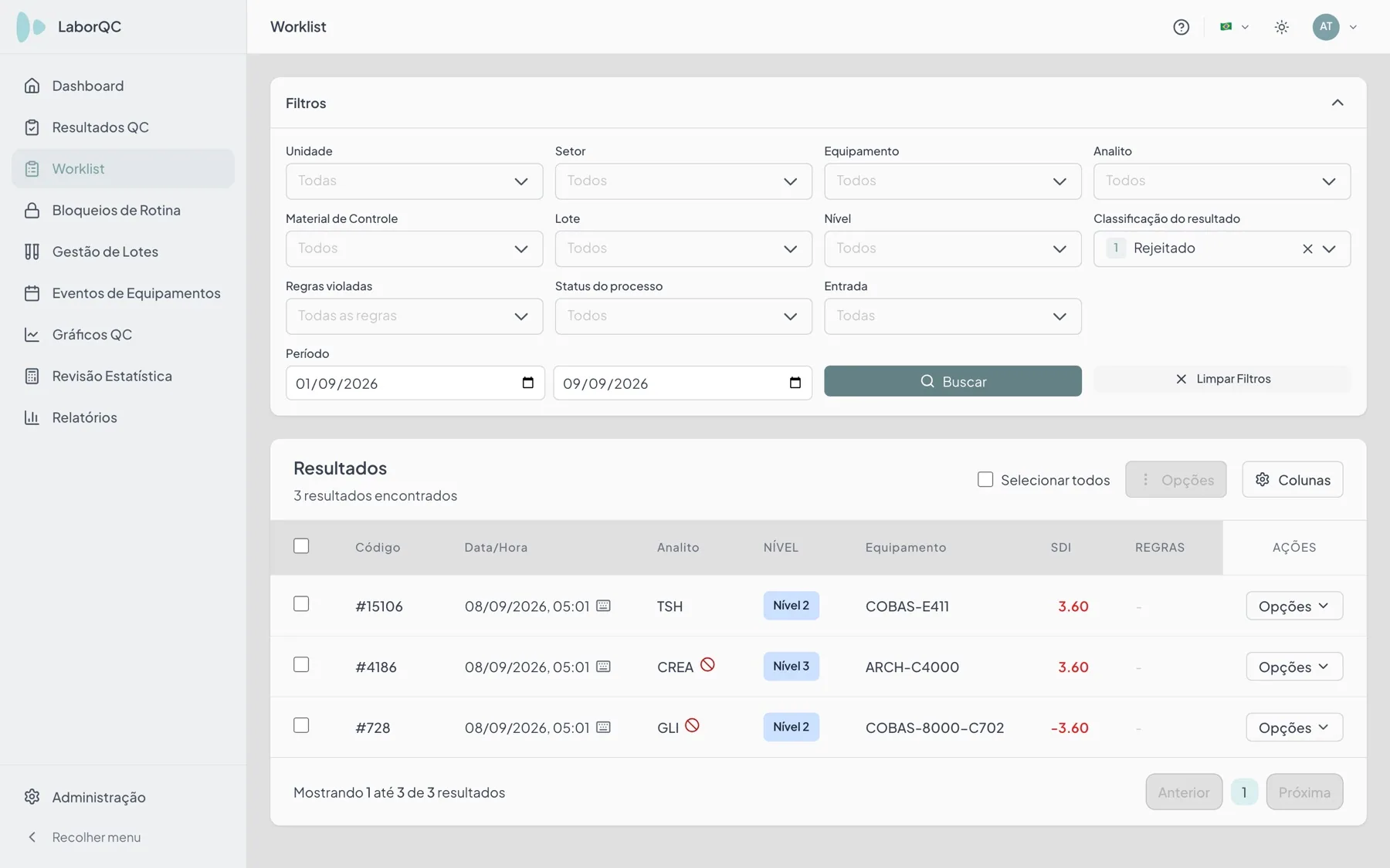Worklist do LaborQC filtrada pela classificação Rejeitado: três resultados com SDI de 3,60 e −3,60, dois deles marcados com o ícone de analito bloqueado, e os filtros Classificação do resultado e Status do processo separados
