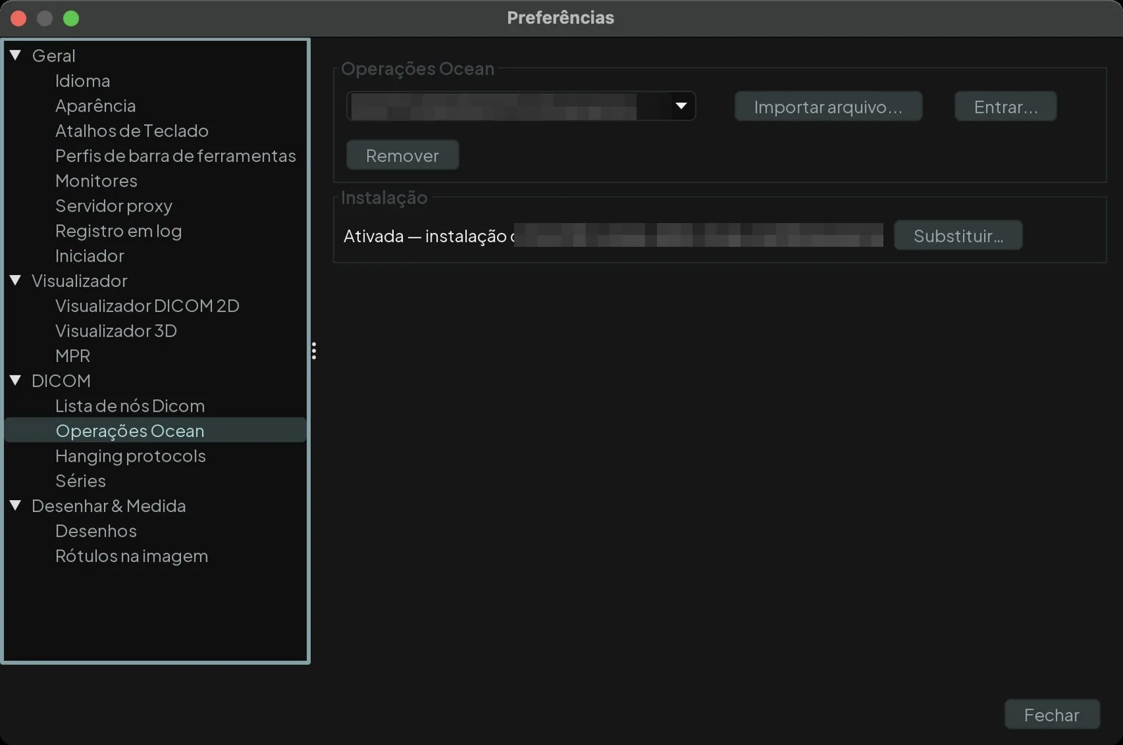 Página Operações Ocean das preferências da Lumina Workstation, com o seletor de operação, os botões Importar arquivo, Entrar e Remover e o bloco Instalação ativada