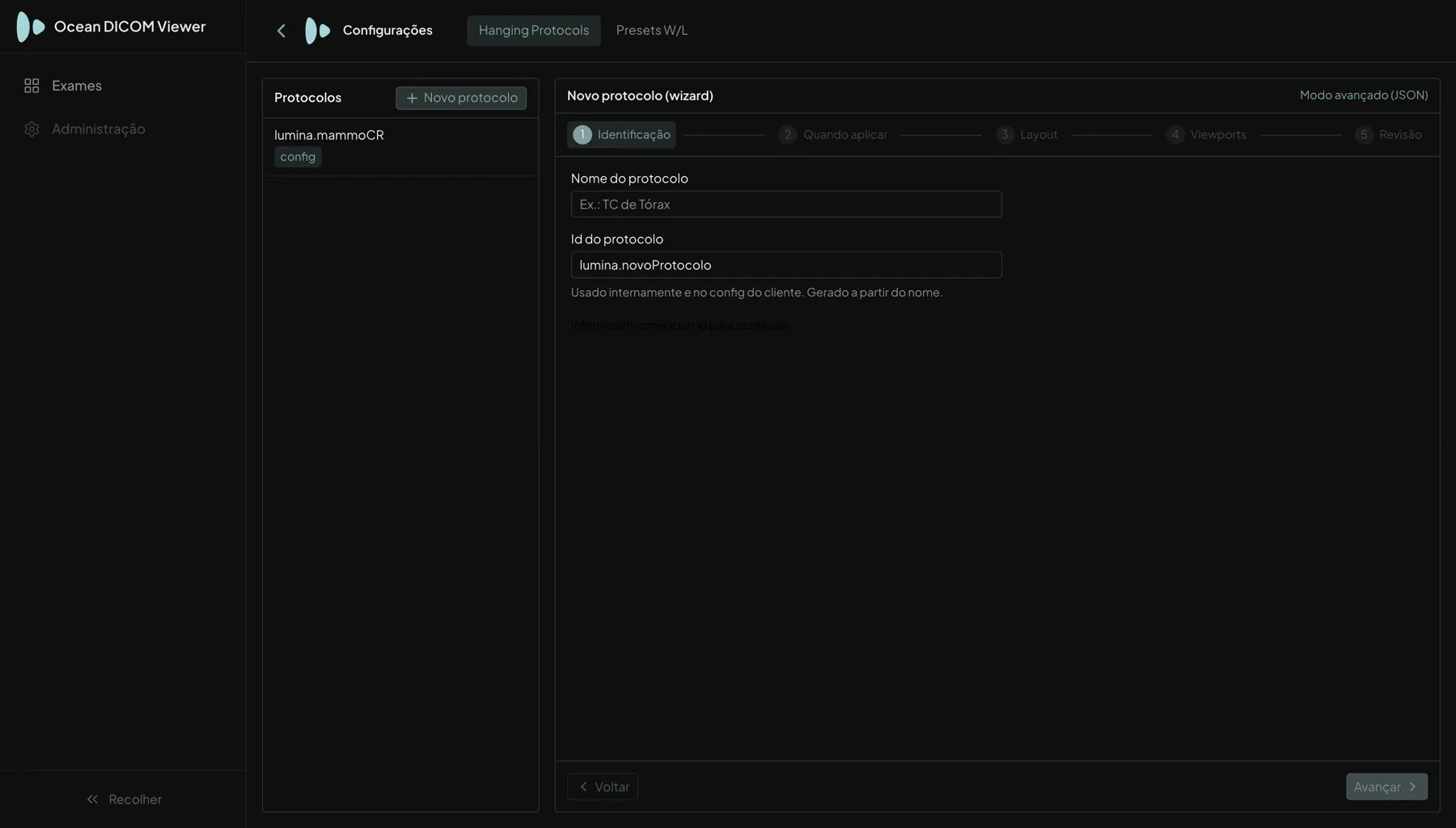 Área de Configurações na aba Hanging Protocols com o passo a passo de novo protocolo na etapa Identificação e as etapas seguintes Quando aplicar, Layout, Viewports e Revisão