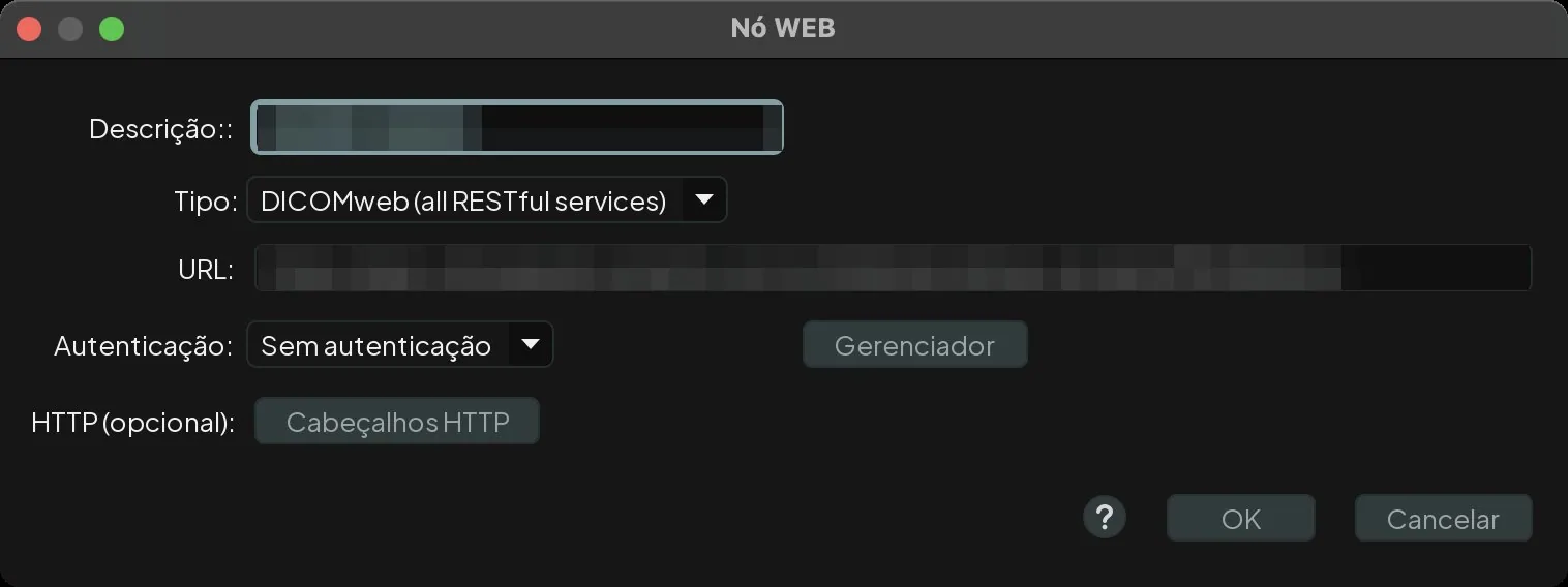 Formulário de cadastro de um PACS web com tipo, endereço e forma de autenticação, com a descrição e o endereço pixelados