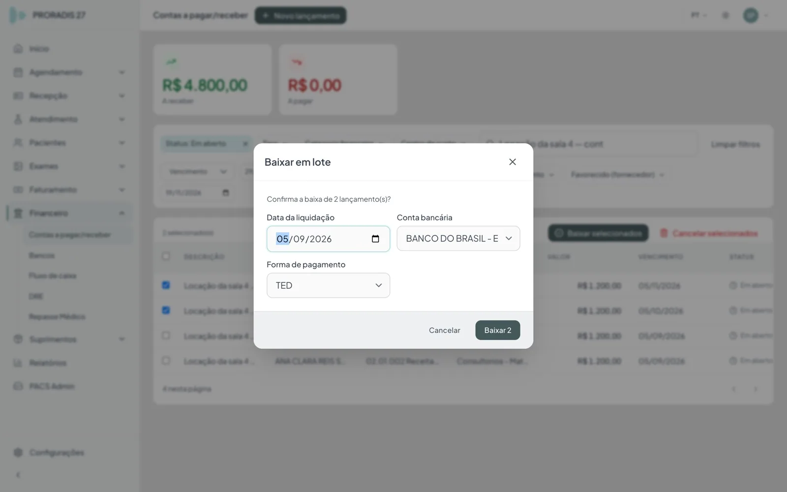 Contas a receber com baixa em lote selecionada
