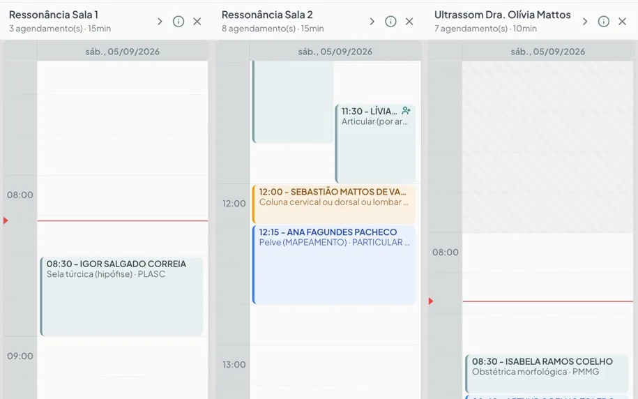 Agenda do PRORADIS 27: três salas com exames marcados, em base de demonstração com dados fictícios
