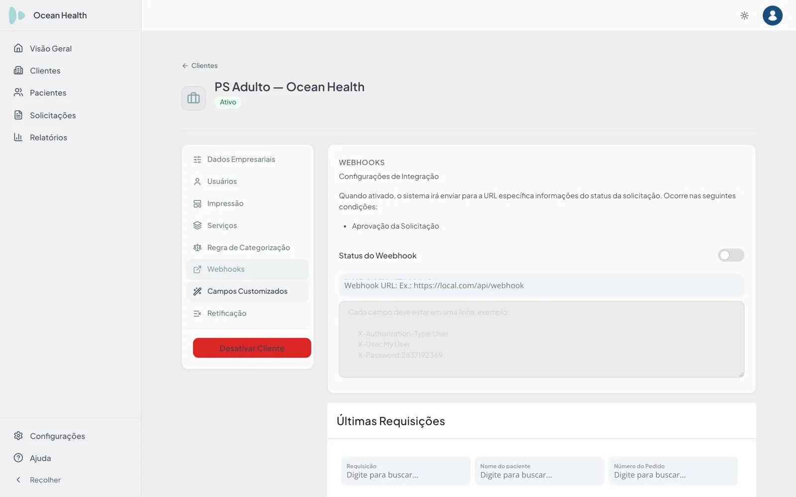Aba de entrega automática de uma unidade solicitante do Teleradis: a condição de envio na aprovação do laudo, o estado da entrega, o destino configurado e, abaixo, a lista das últimas entregas com busca por requisição, paciente e pedido