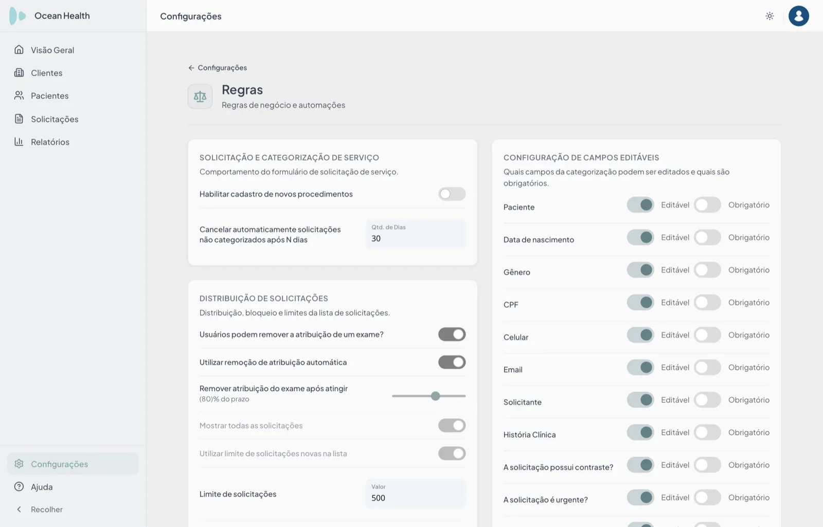 Tela Regras do Teleradis com os blocos de classificação de serviço, distribuição de solicitações (liberação de exame por outro usuário, devolução automática após uma parte do prazo, limite de exames por radiologista) e configuração de campos editáveis